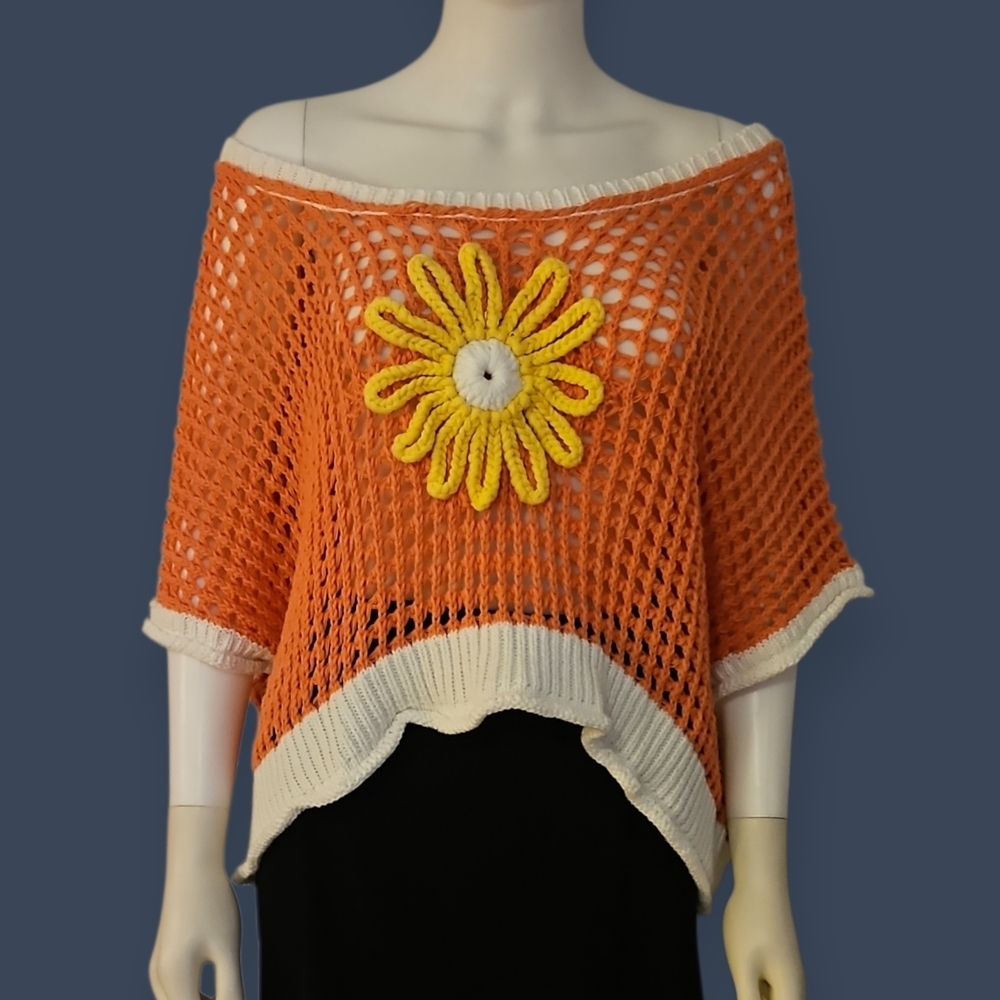 POL Open Crochet Daisy Flower Oversized Off Shoulder Cover-up Festival Sweater